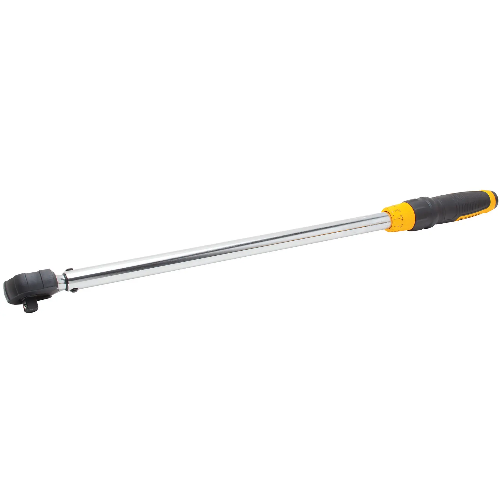 DEWALT torque wrench with a black and yellow handle and chrome shaft, shown on white background.
