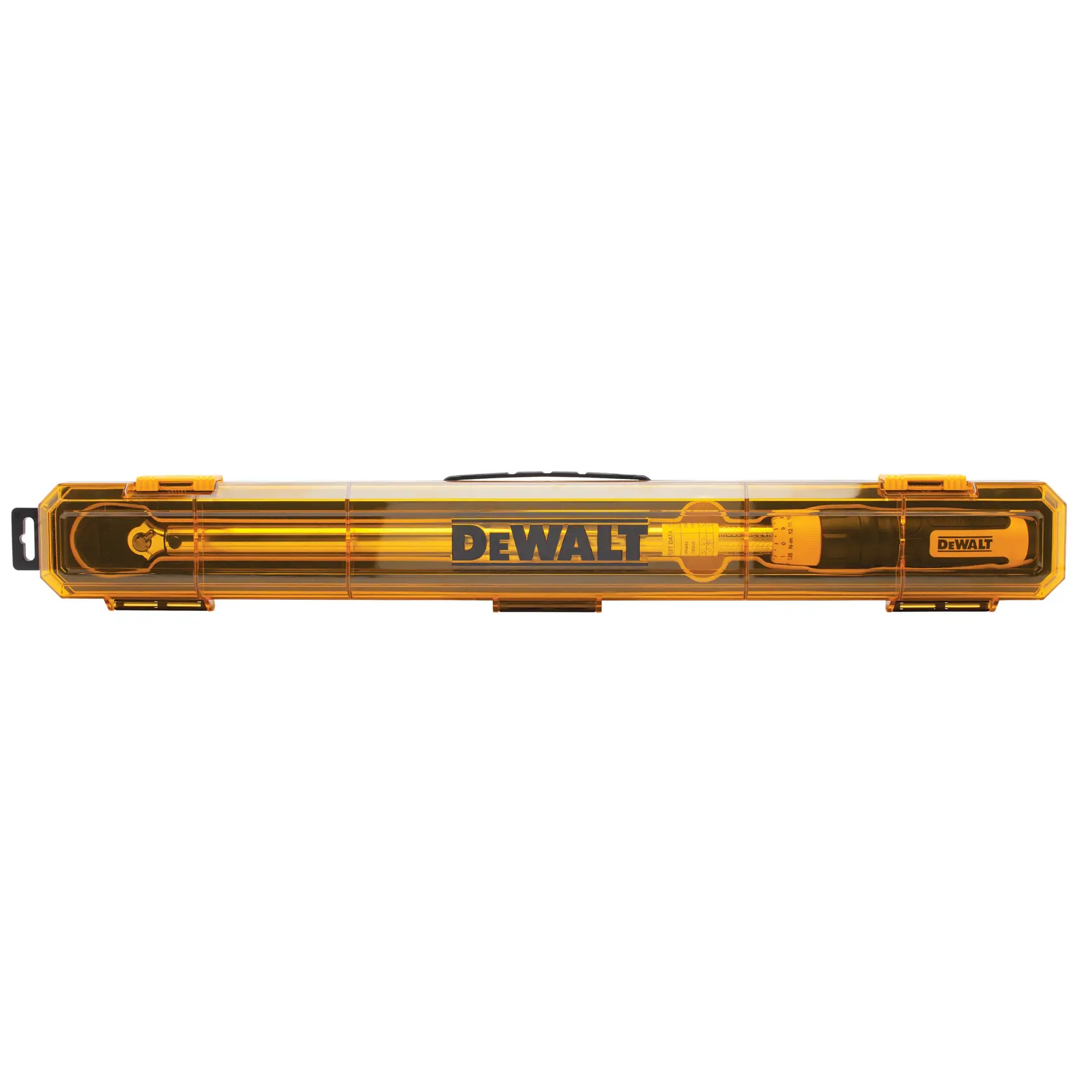 DEWALT yellow transparent case for tools, compact and rectangular, with logo on front.