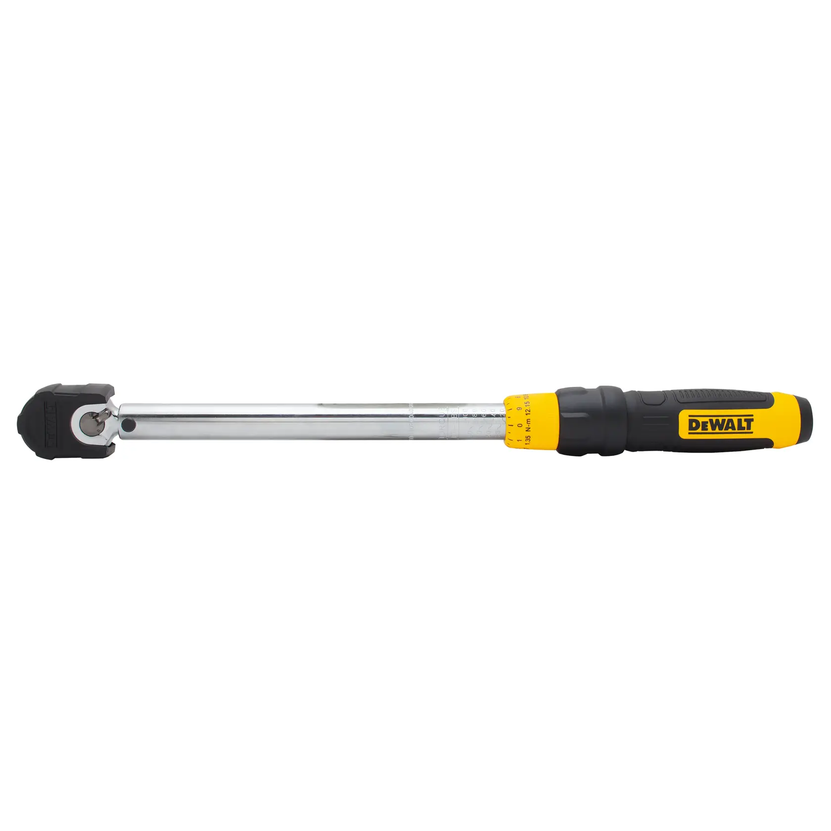 DEWALT torque wrench with yellow and black handle, metal shaft, and adjustable head, shown on white background.