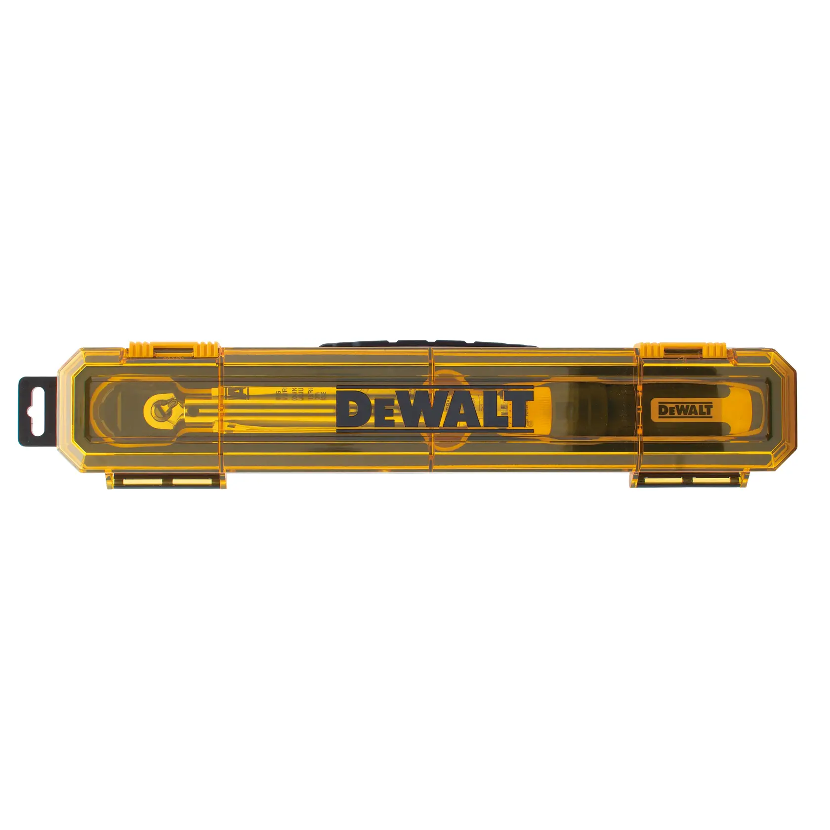 Yellow DEWALT tool case with transparent lid, showing a ratchet wrench inside.