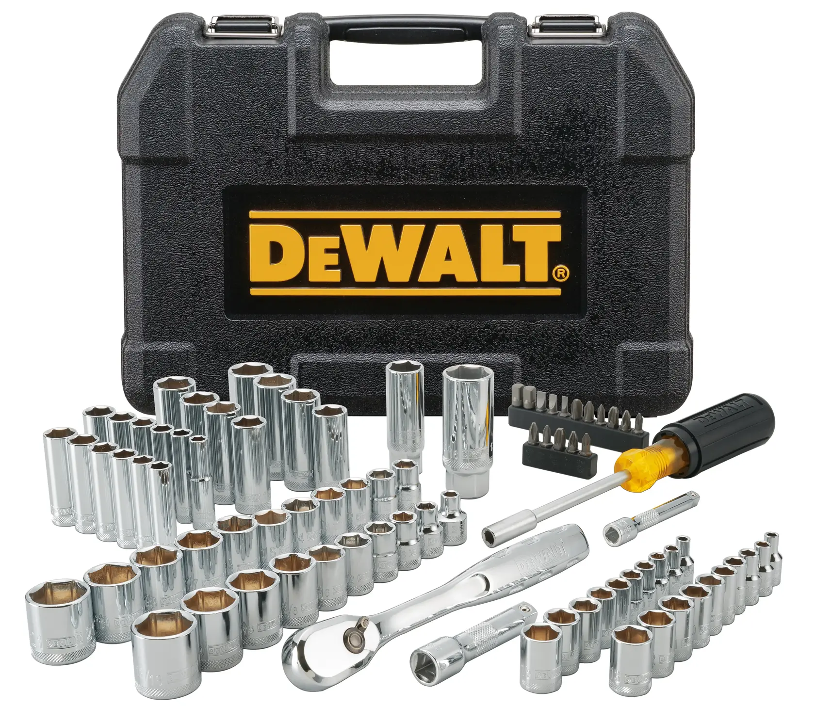 DEWALT socket and ratchet toolset with black case, screwdriver, and assorted bits displayed in front.