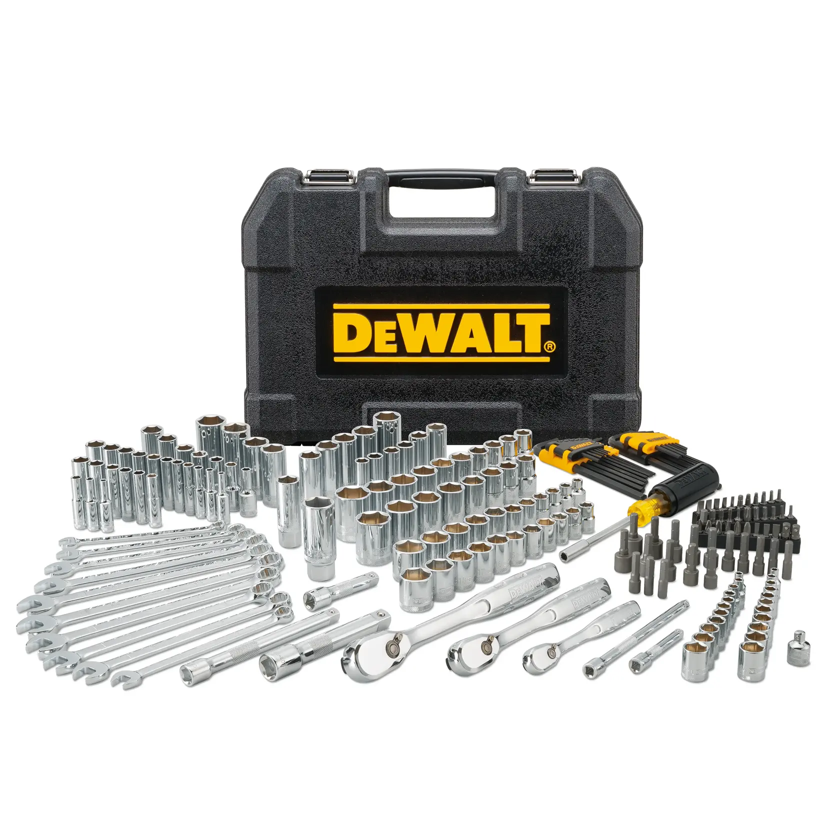 DEWALT tool set with sockets, wrenches, bits and black case on a white background.