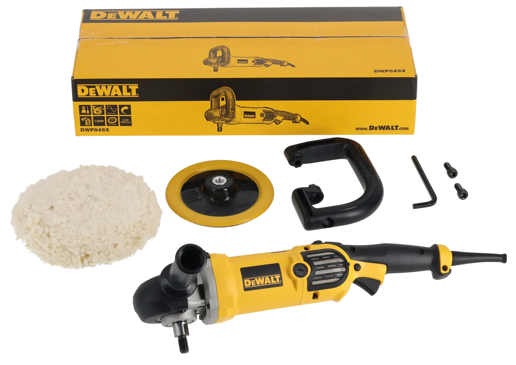 DEWALT DWP849X polisher kit displayed with yellow and black retail box, polisher machine, wool buffing pad, backing plate, handle, wrench, and two screws.