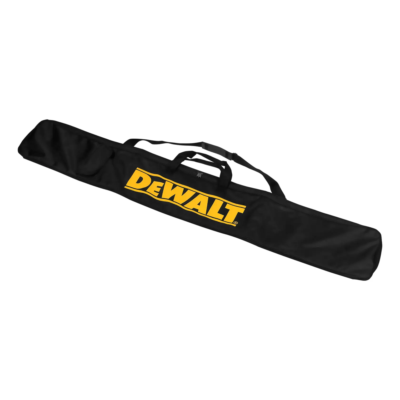 Borsa nera DEWALT per fotografia, SKUs DWS5025-XJ, DWS5025, logo giallo e manici.
