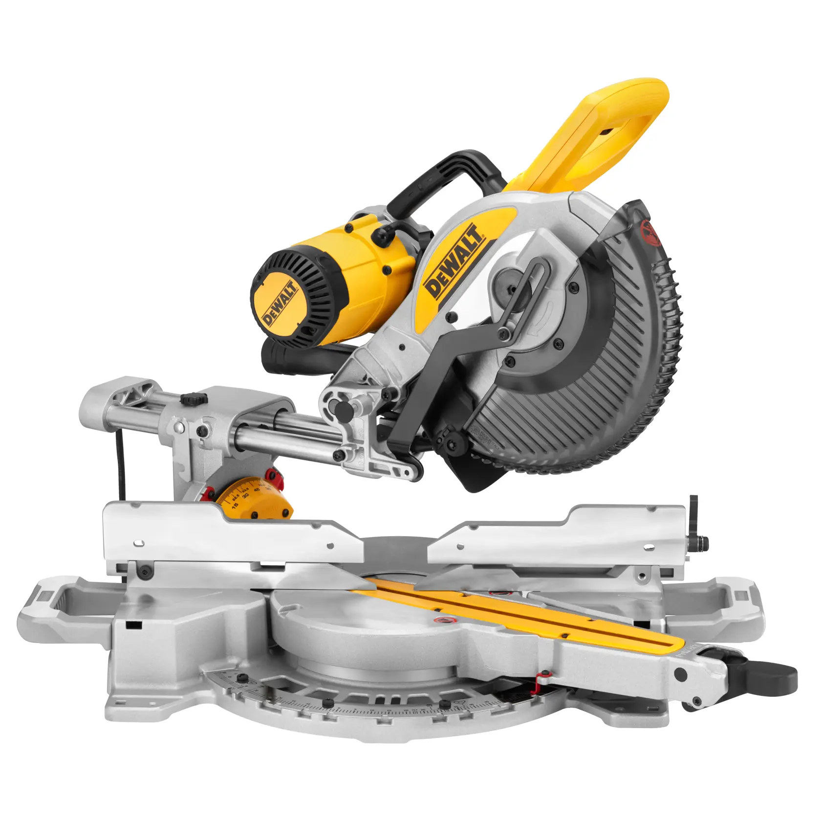 DEWALT DWS727 sliding compound mitre saw with a silver base and yellow handle on white background.
