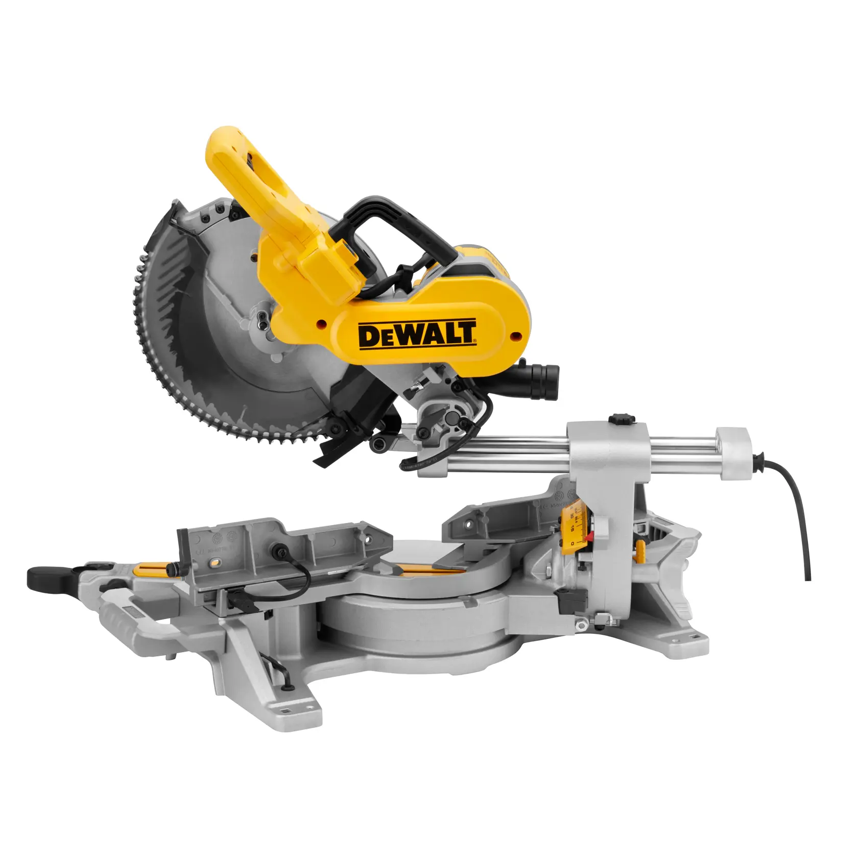 DEWALT DWS727 sliding compound miter saw with yellow and silver body, used for precise wood cutting.