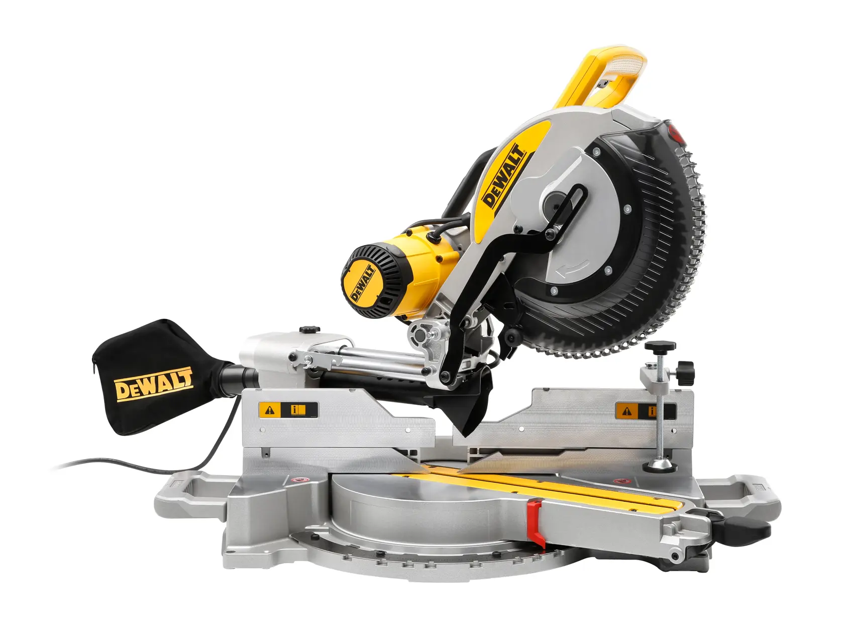A DEWALT DWS780 sliding compound miter saw with dust collection bag, featuring a yellow and black design, used for precise woodworking and cutting tasks.