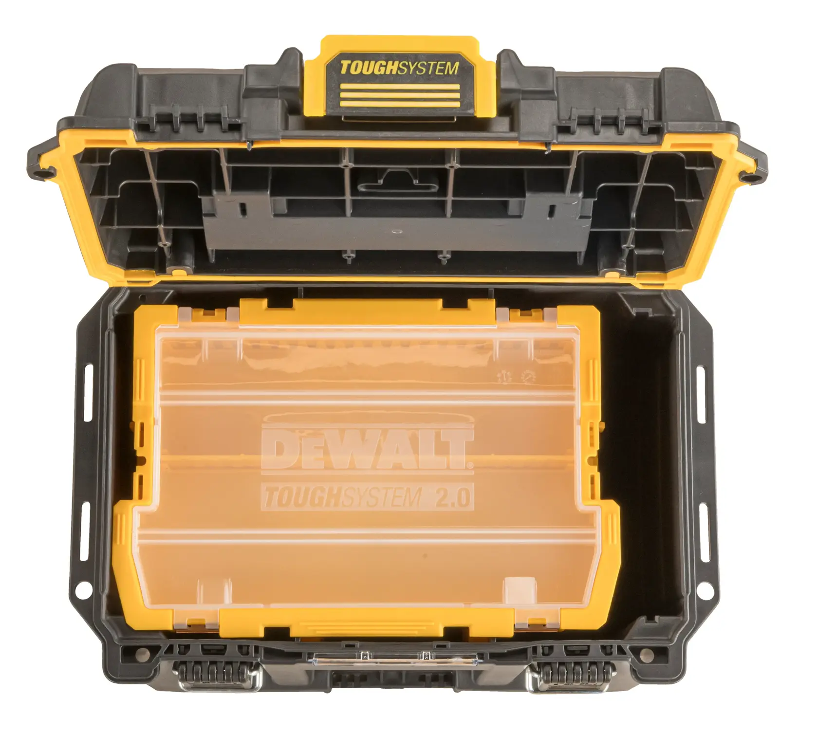 Åpen DEWALT ToughSystem 2.0 verktøykasse som viser interiøret og et gjennomsiktig rombrett.