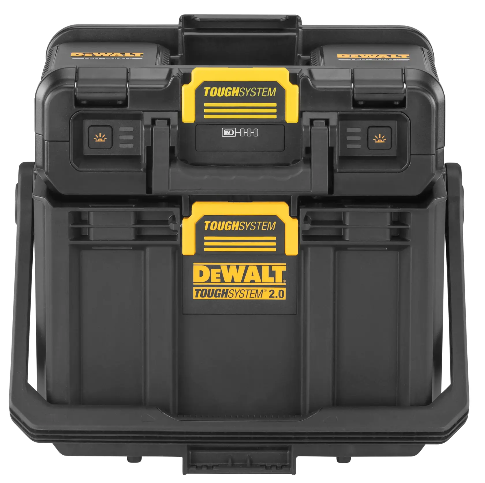 Foranvisning av en svart og gul DEWALT TOUGHSYSTEM 2.0 bærbar verktøykasse med forsterkede lukkemekanismer og håndtak.