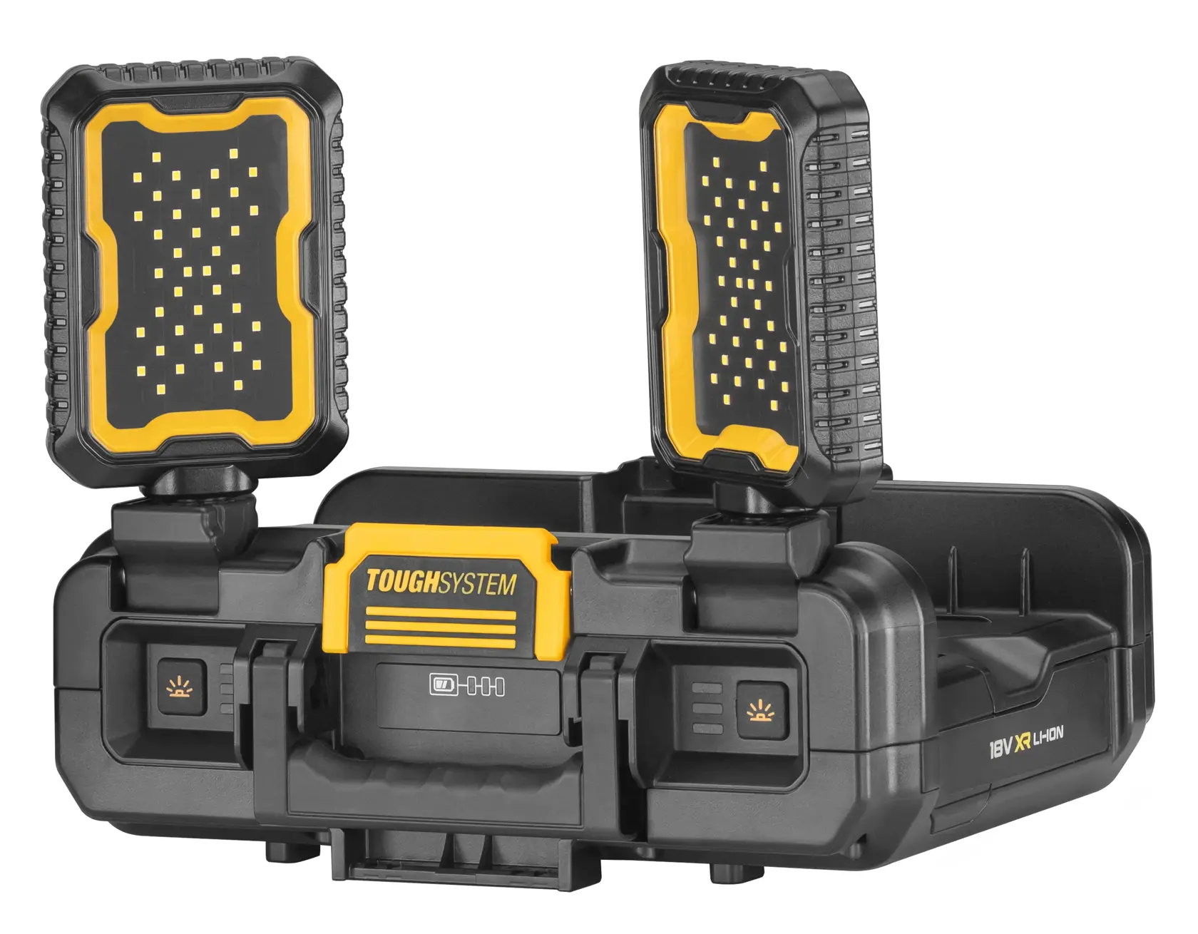 DEWALT ToughSystem bærbar LED arbeidslys, vist med to justerbare lysplater på et solid svart og gult hus.