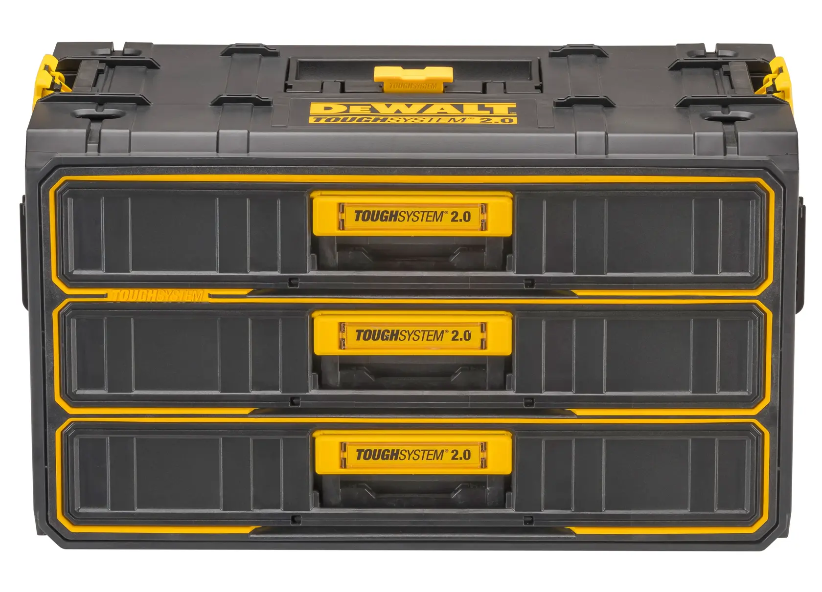 DEWALT ToughSystem 2.0 storage box with three black drawers and yellow handles.