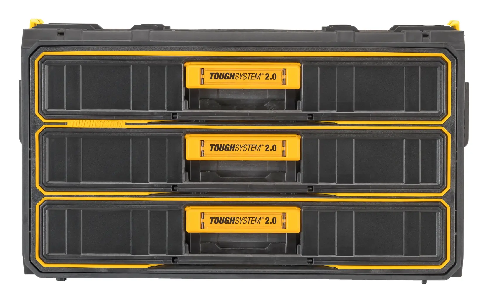 DEWALT ToughSystem 2.0 storage box with three drawers, black and yellow, for tool organization.