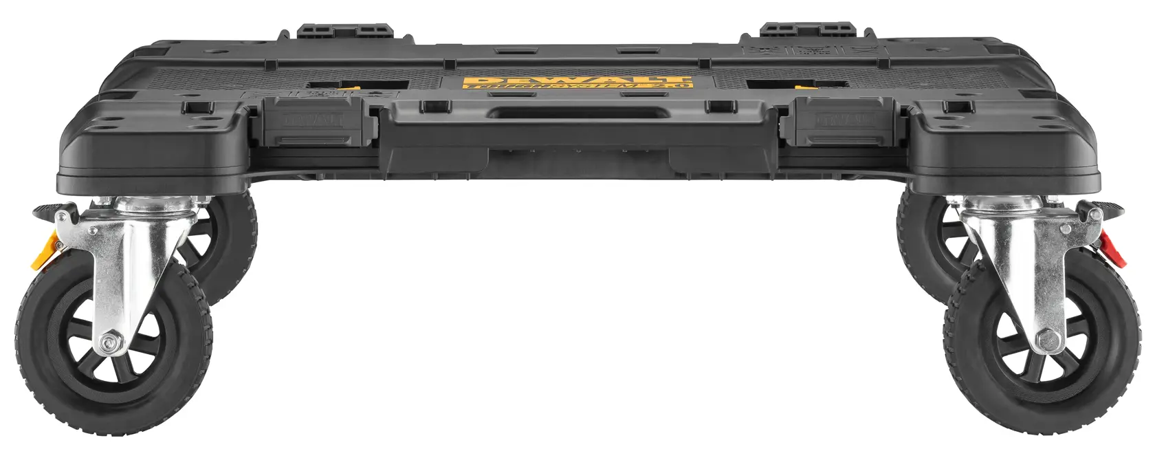 DEWALT wheeled platform trolley with four swivel wheels, designed for tool transport and storage, black and yellow.