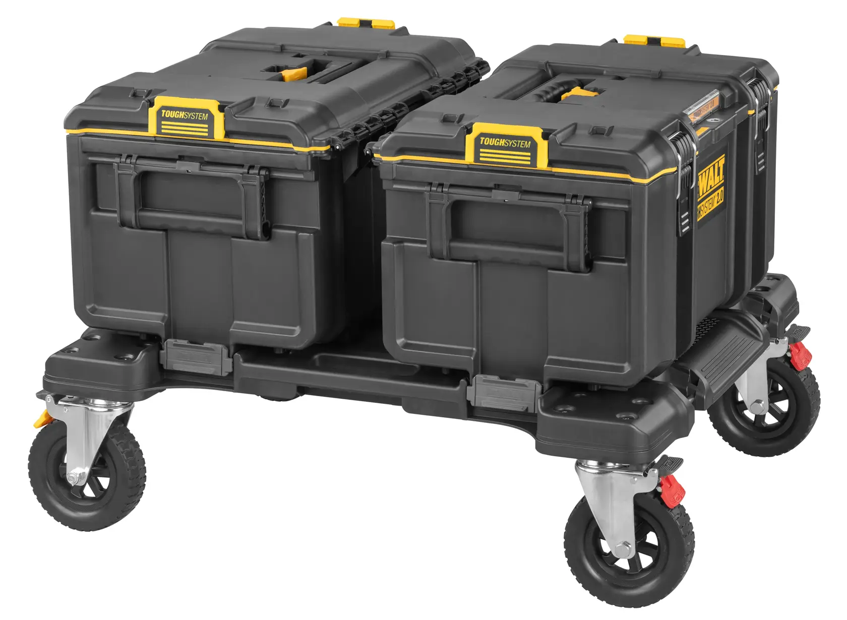 DEWALT ToughSystem black rolling photography case with two boxes, yellow accents and four caster wheels.