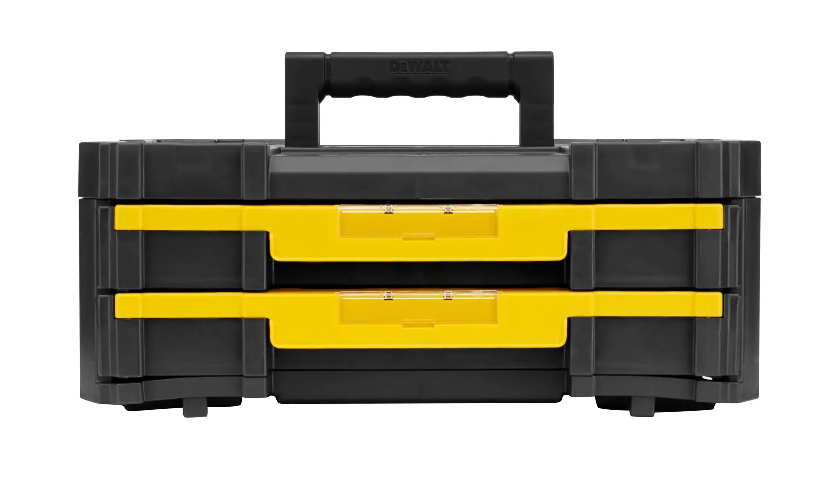 DEWALT black and yellow toolbox with two front drawers and a top handle.