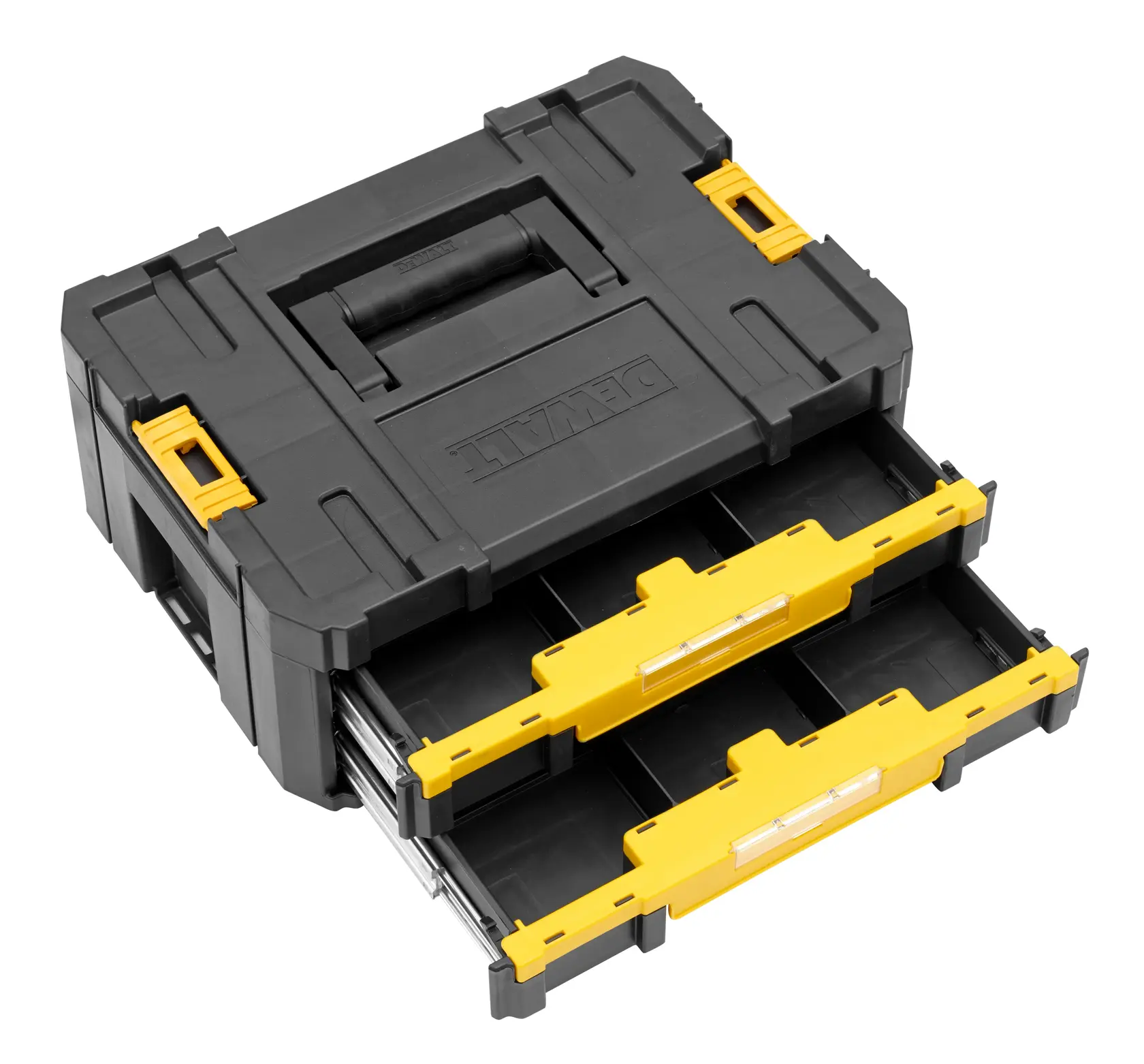 DEWALT black toolbox with two yellow drawers extended, used for organizing tools and accessories.