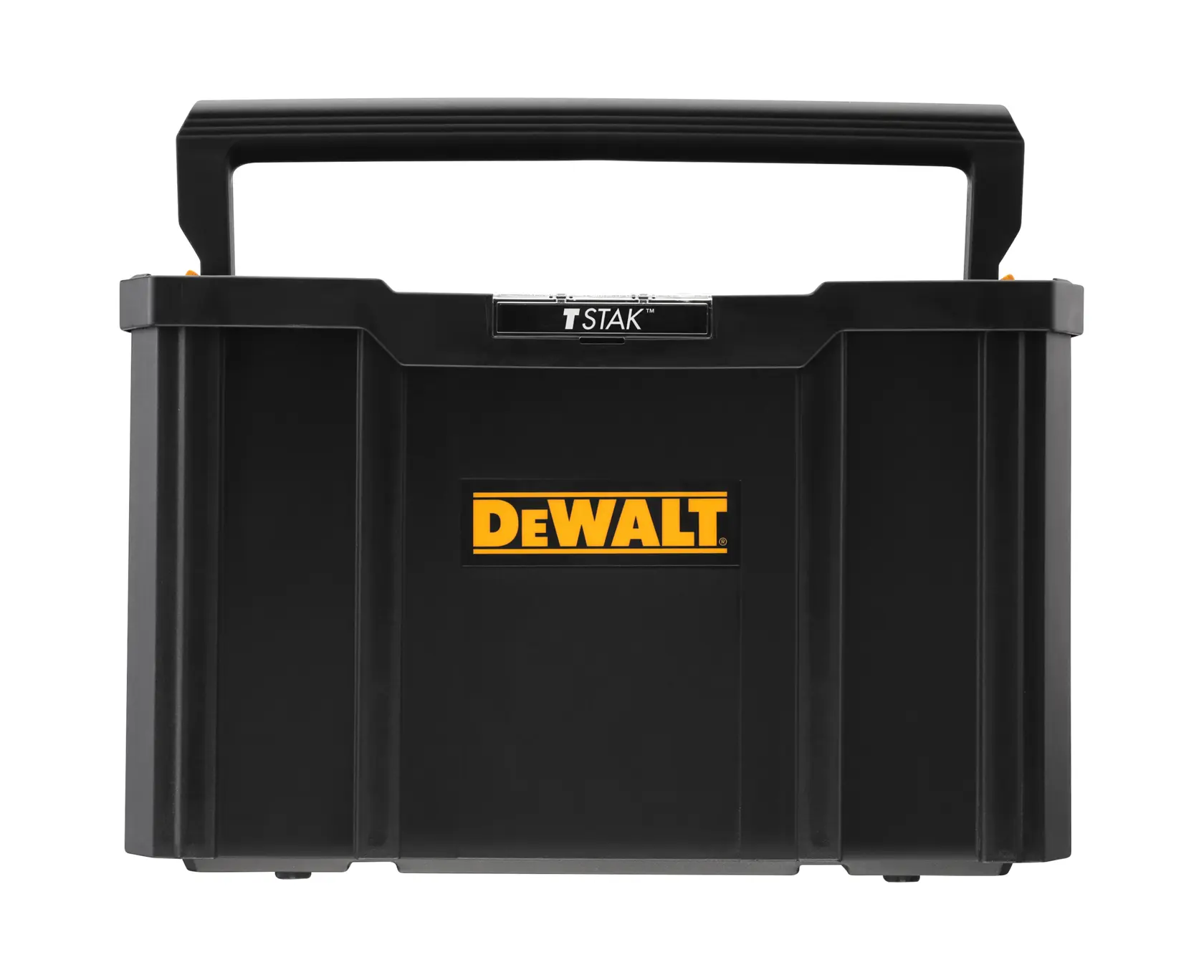 Black DEWALT TSTAK tool box with handle, rectangular shape and bold yellow DEWALT logo at the center.