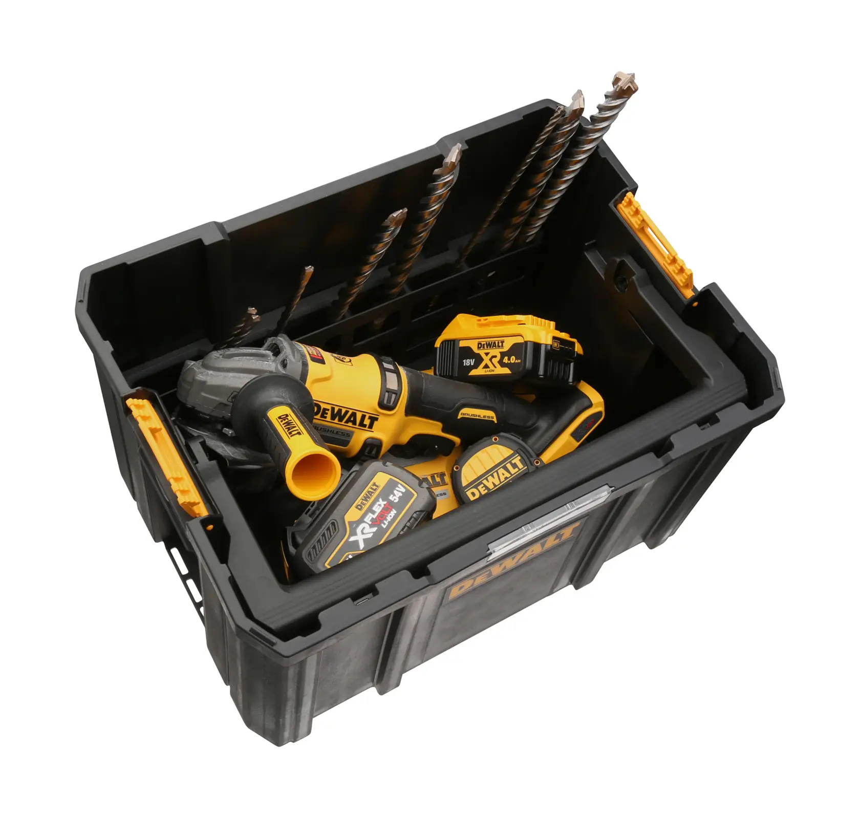 DEWALT toolbox containing power tools and drill bits, shown open and organized for storage.