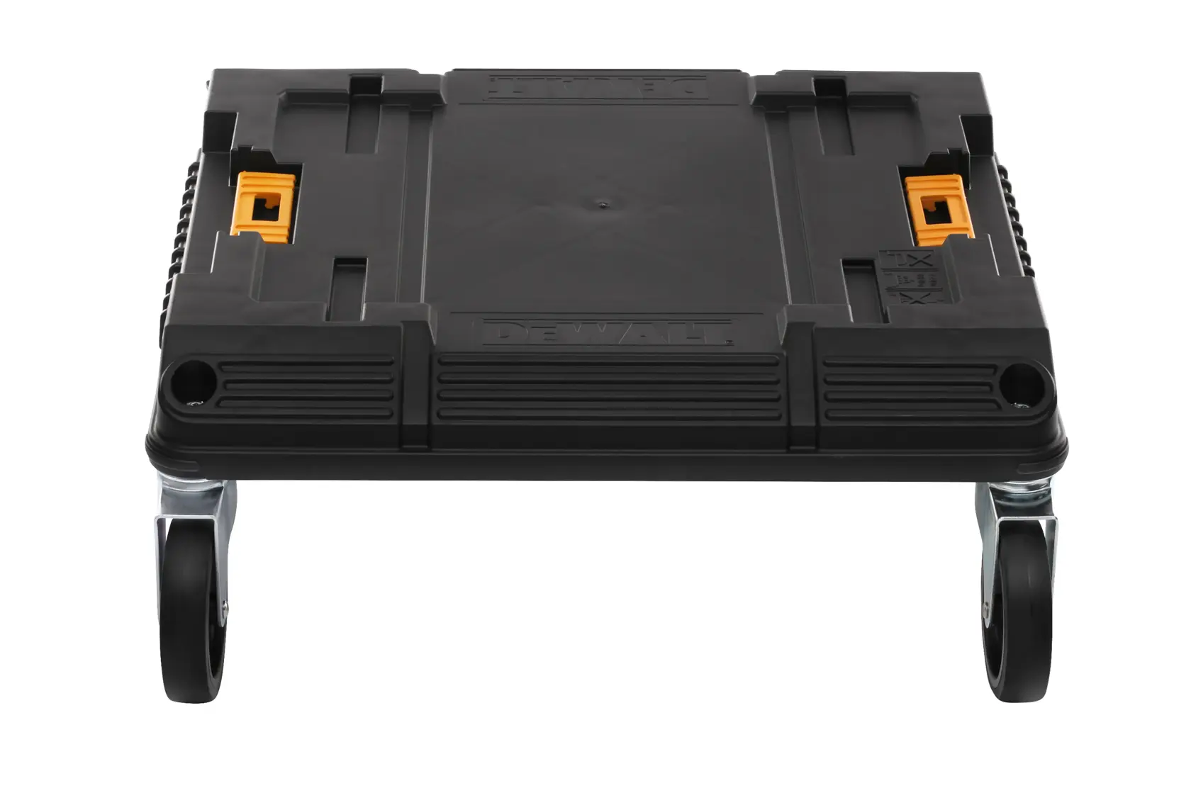 DEWALT stackable black rolling base platform with four wheels and yellow clips, used for tool storage and transport.