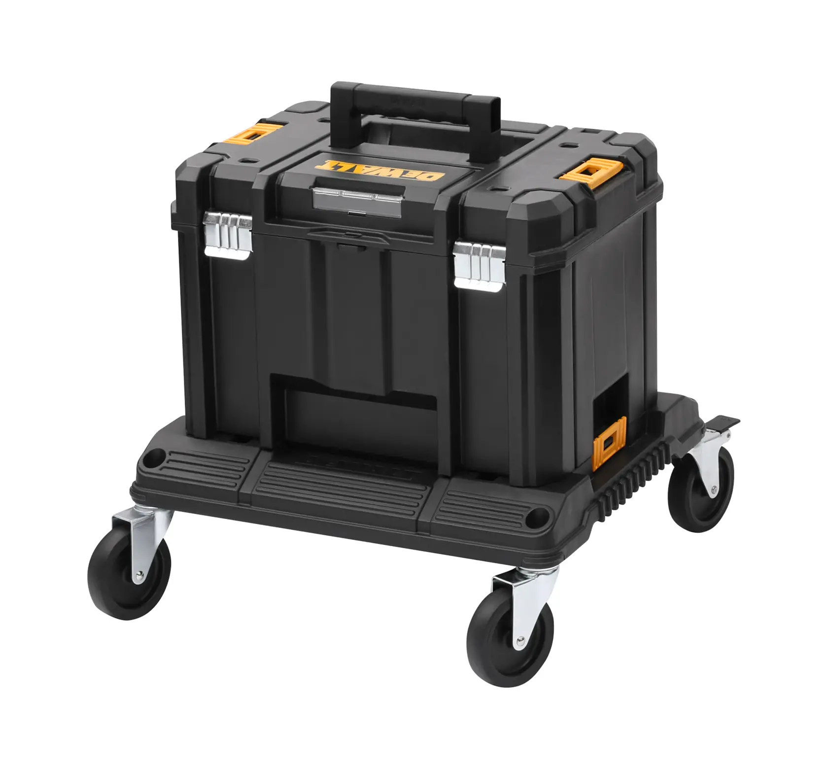 Black DEWALT rolling toolbox with handle and secure metal latches, shown on four wheels against a white background.