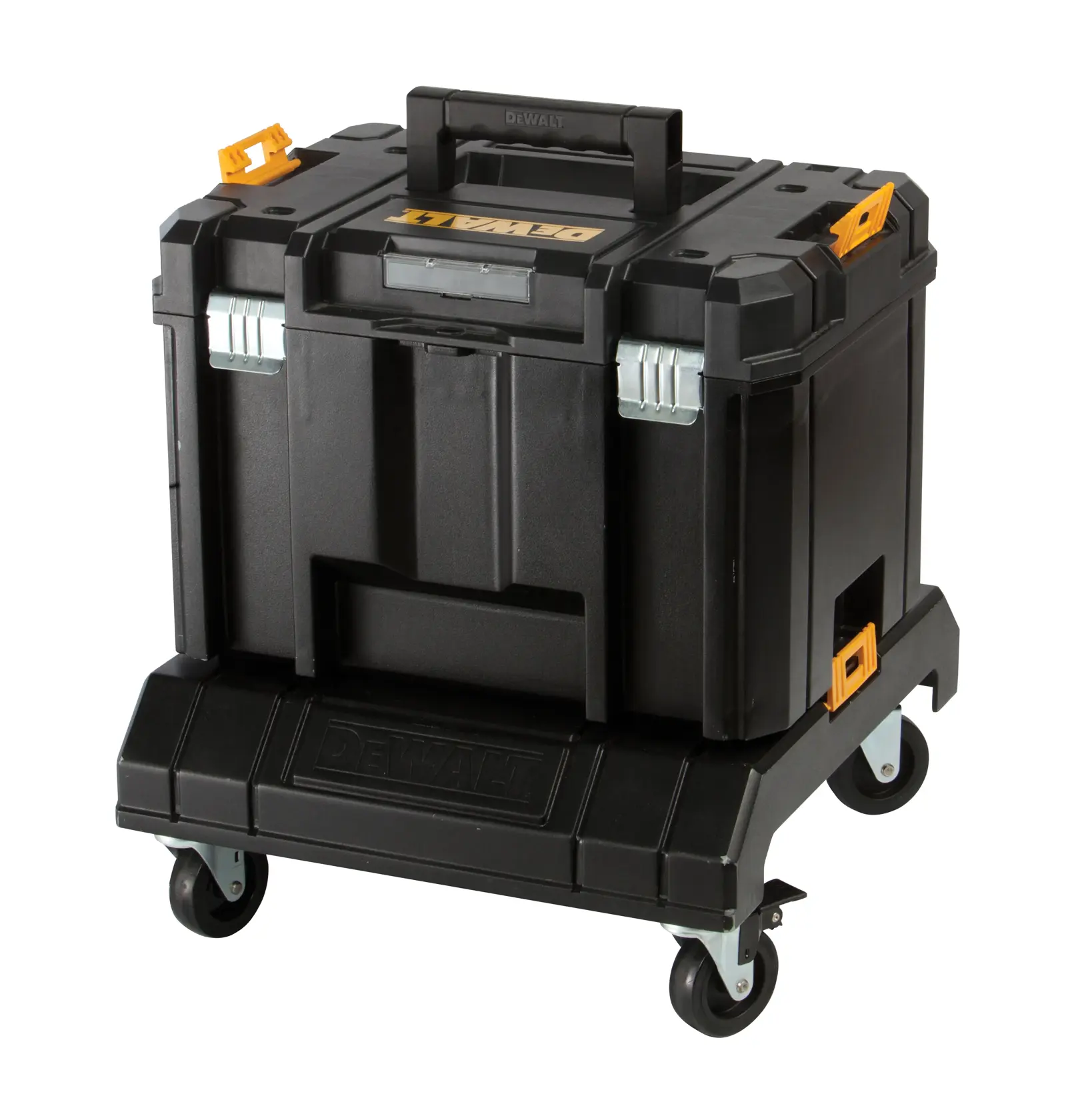 DEWALT black wheeled toolbox with orange latches and handle, shown on a white background.