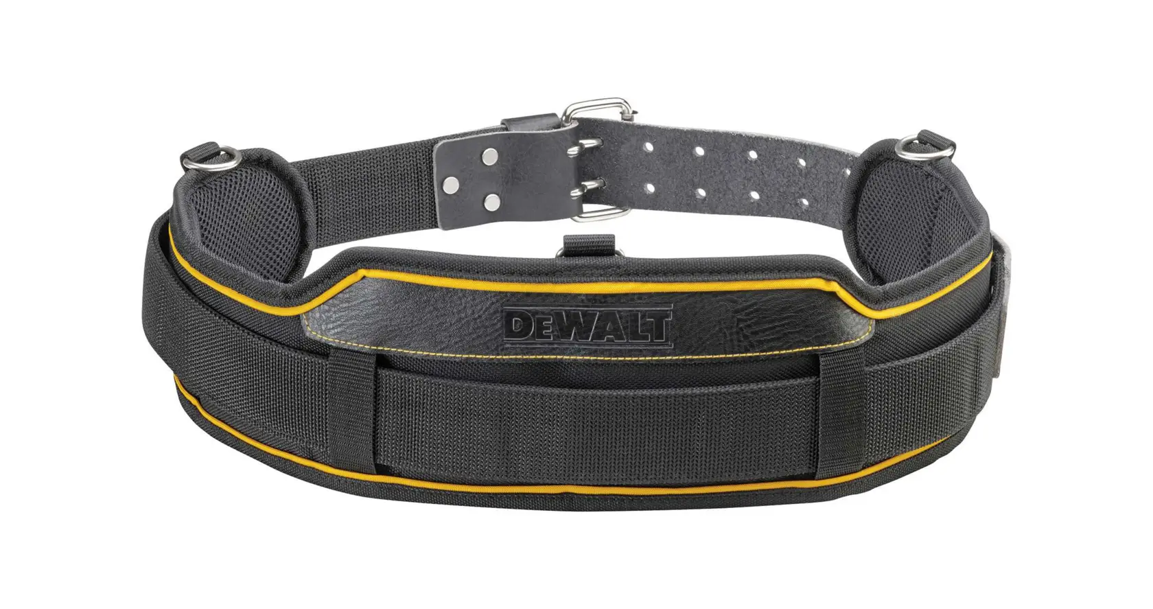 DEWALT DWST1-75651 tool belt in black, padded with yellow trim, adjustable buckle, for carrying tools.