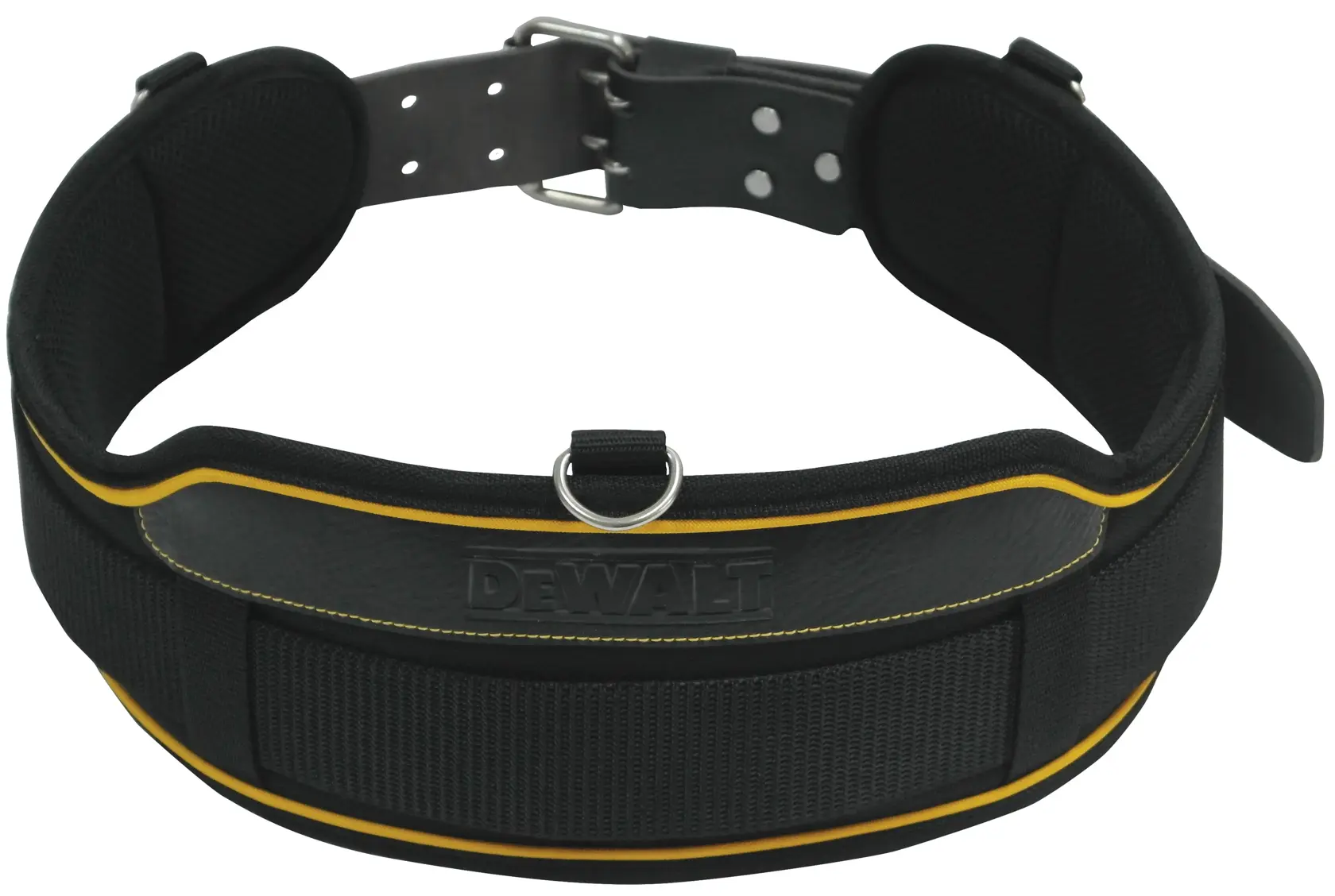 Black DEWALT padded work belt with buckle and yellow trim for tool carrying. Adjustable and durable design.