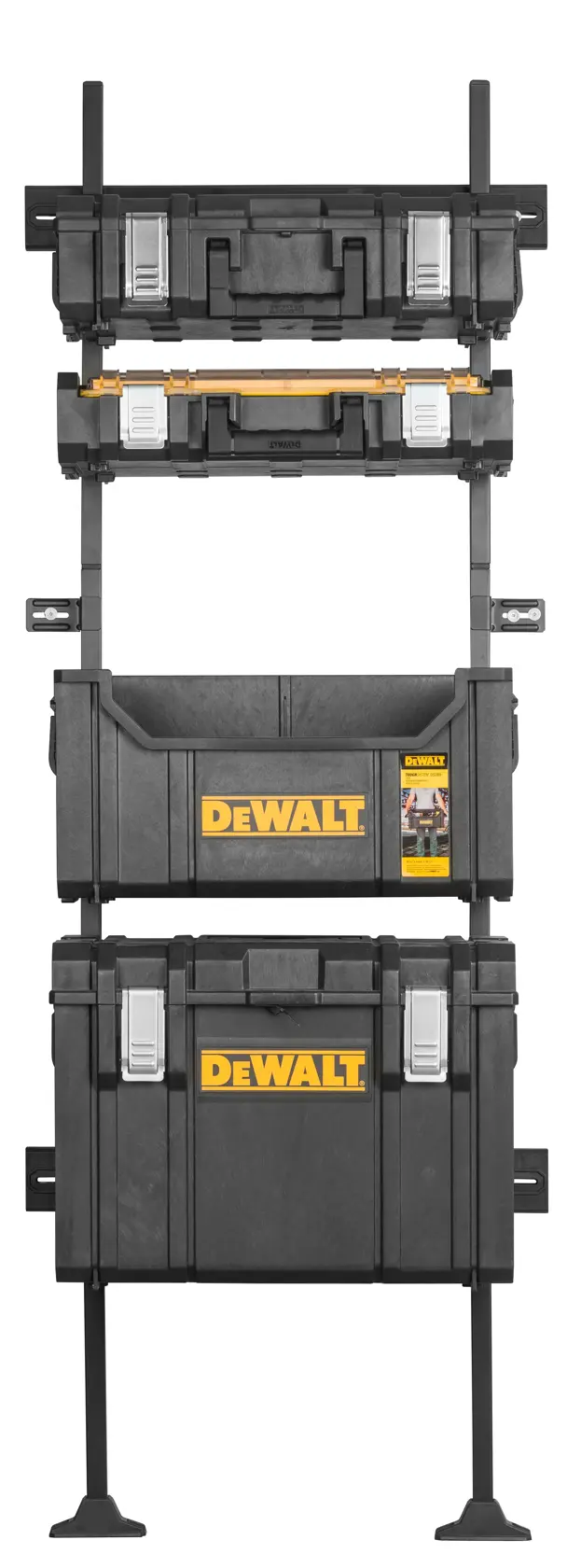Stacked DEWALT black toolboxes on a vertical rack, grey latches, yellow logo, suitable for storage and organization.