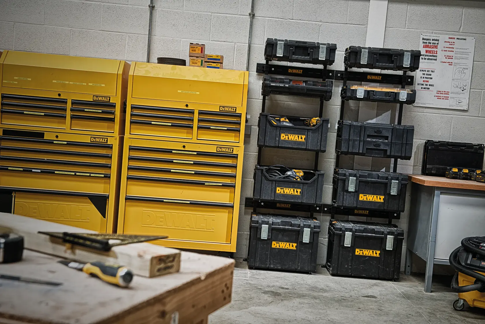 DEWALT storage boxes and tool cabinets stacked in a workshop with tools on a bench in the foreground.