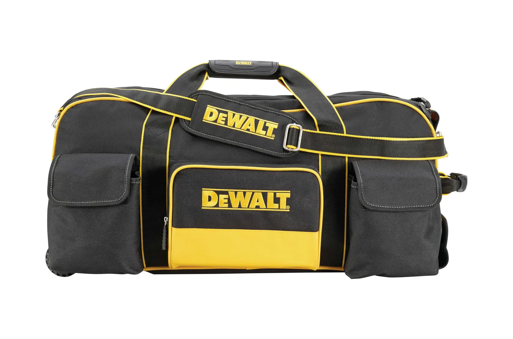 DEWALT black and yellow tool bag with multiple pockets and adjustable shoulder strap, front logo displayed.