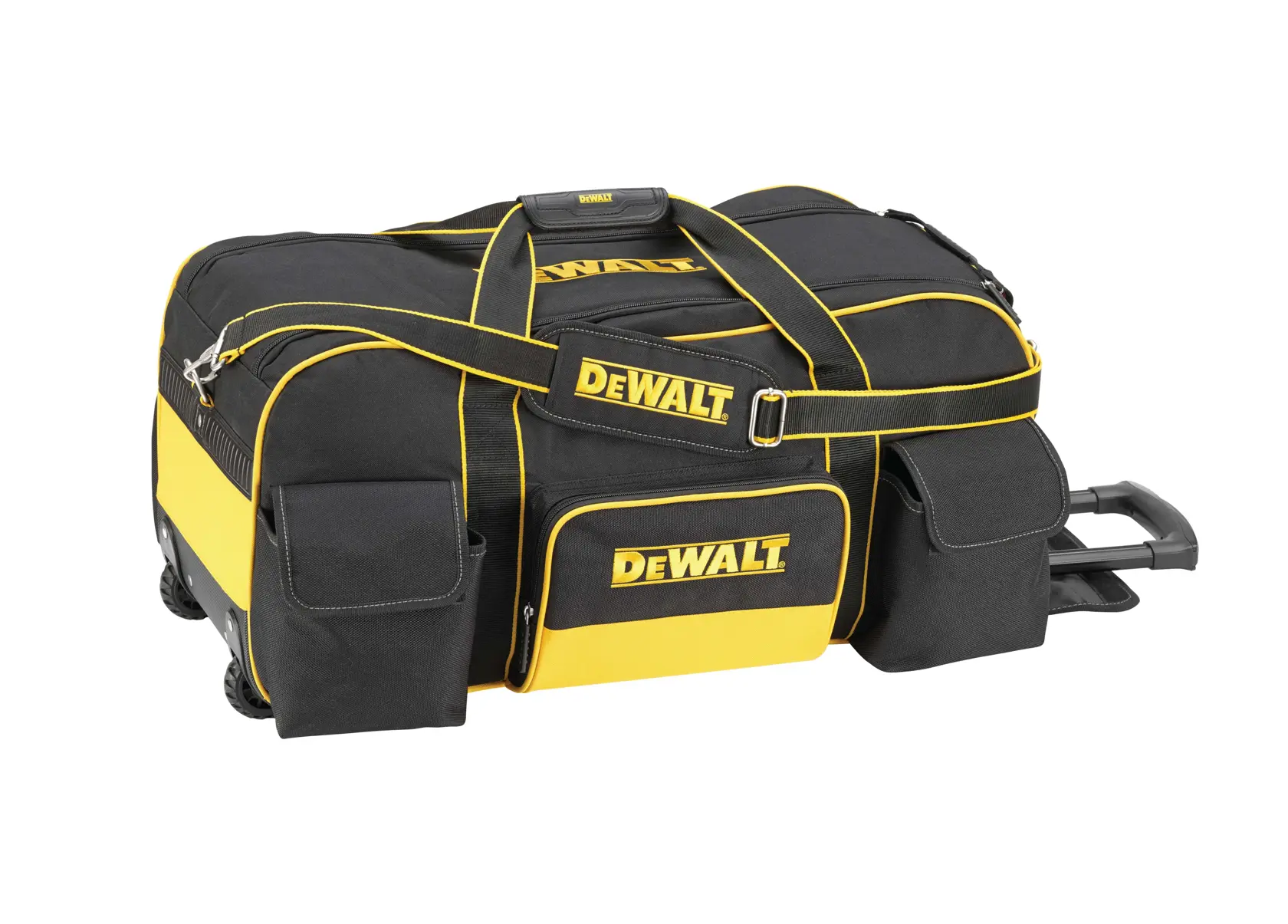 DEWALT black and yellow rolling tool bag with pockets and telescopic handle.