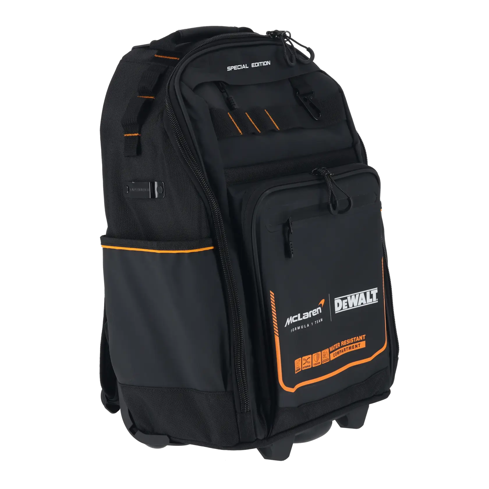 Zaino nero DEWALT McLaren edizione speciale con dettagli arancioni e scomparti multipli.