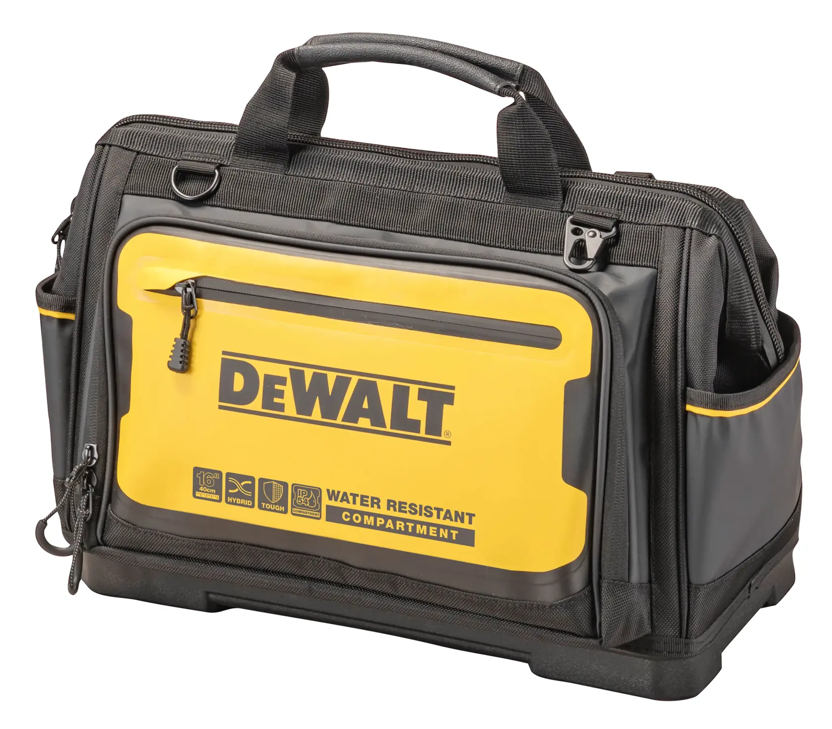 En DEWALT verktøybag med sort og gul design, vannavstøtende rom, solide håndtak og flere sidelommer for organisering av verktøy.