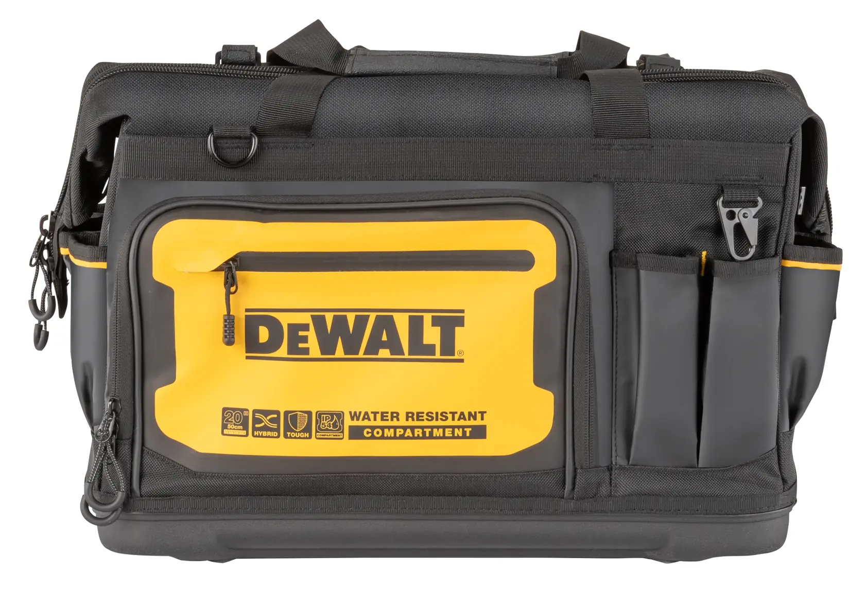 Svart og gul DEWALT verktøybag med flere utvendige lommer og et frontrom med glidelås merket 'Water Resistant Compartment'.