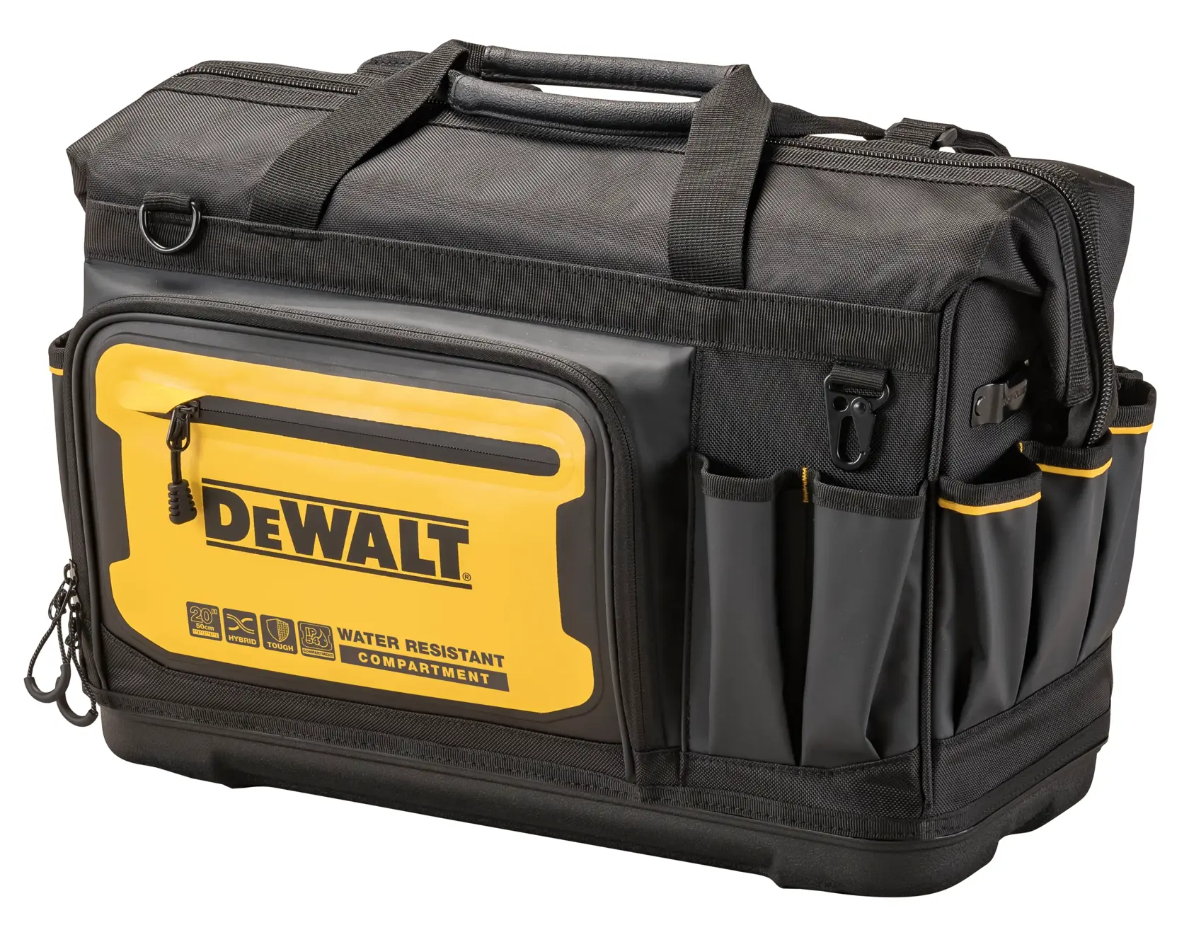 En svart og gul DEWALT-verktøybag med flere utvendige lommer, et frontrom med glidelås merket 'Vannbestandig rom', og bærehåndtak.