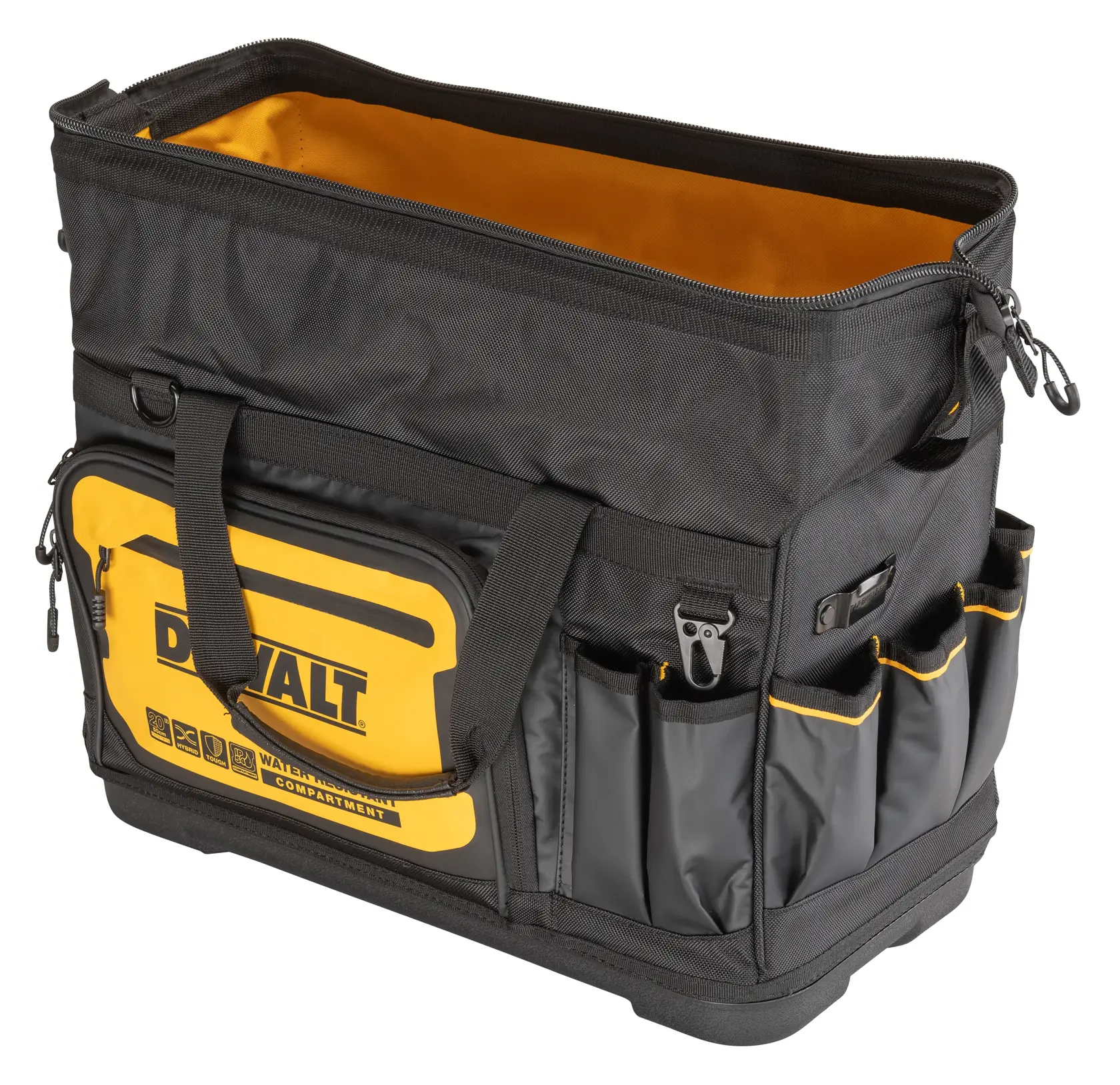 En svart verktøybag fra DEWALT med gule detaljer, stort hovedrom med glidelås, flere utvendige lommer og solide håndtak.