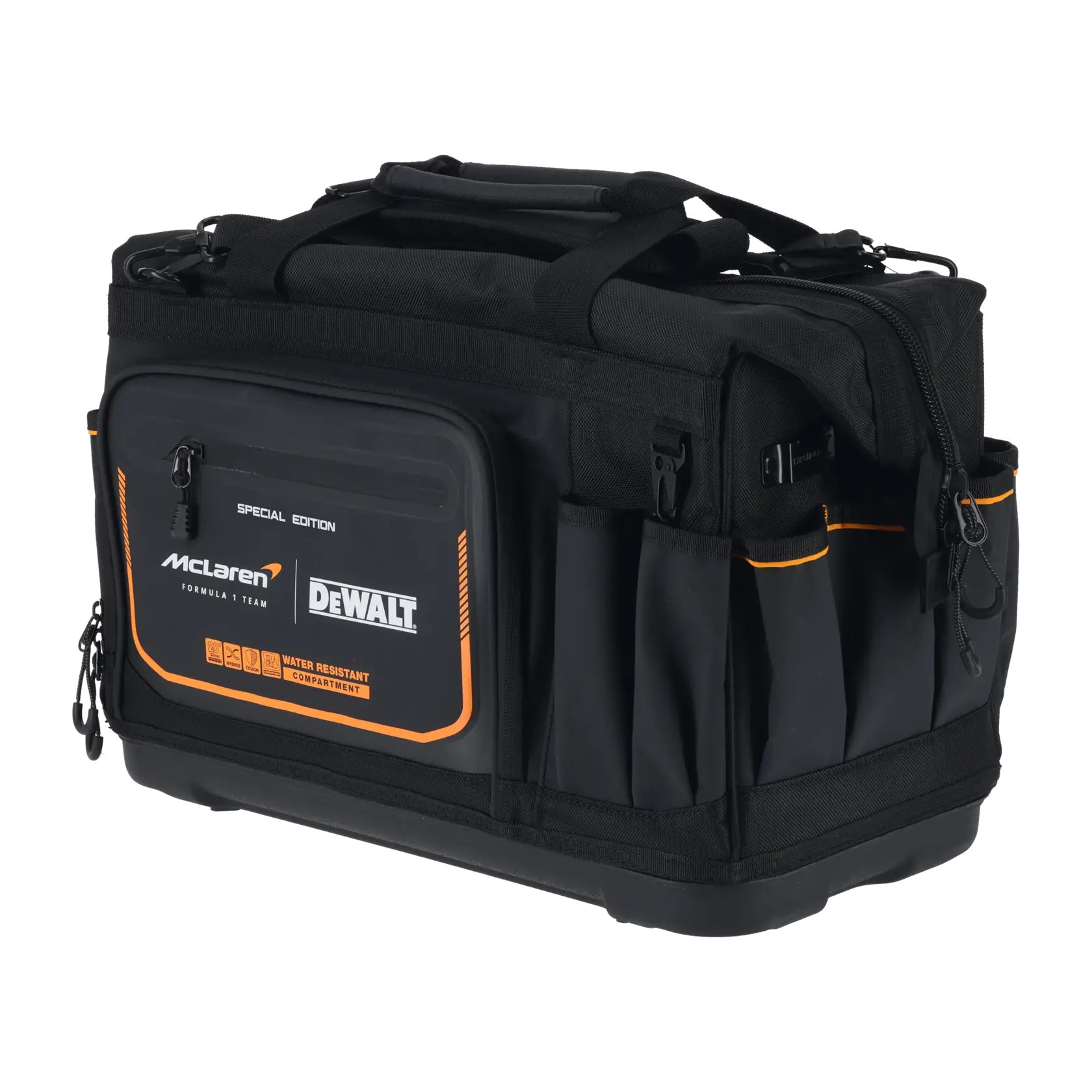 Black DEWALT McLaren tool bag, special edition with orange trim and multiple compartments, water-resistant front pocket.