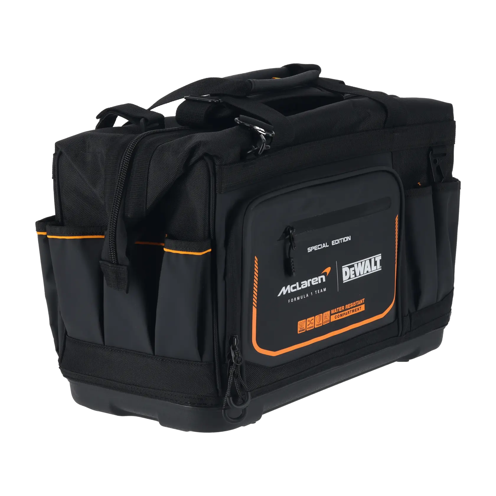 Black DEWALT tool bag with orange accents, multiple pockets, McLaren and DEWALT logos, water-resistant compartment.