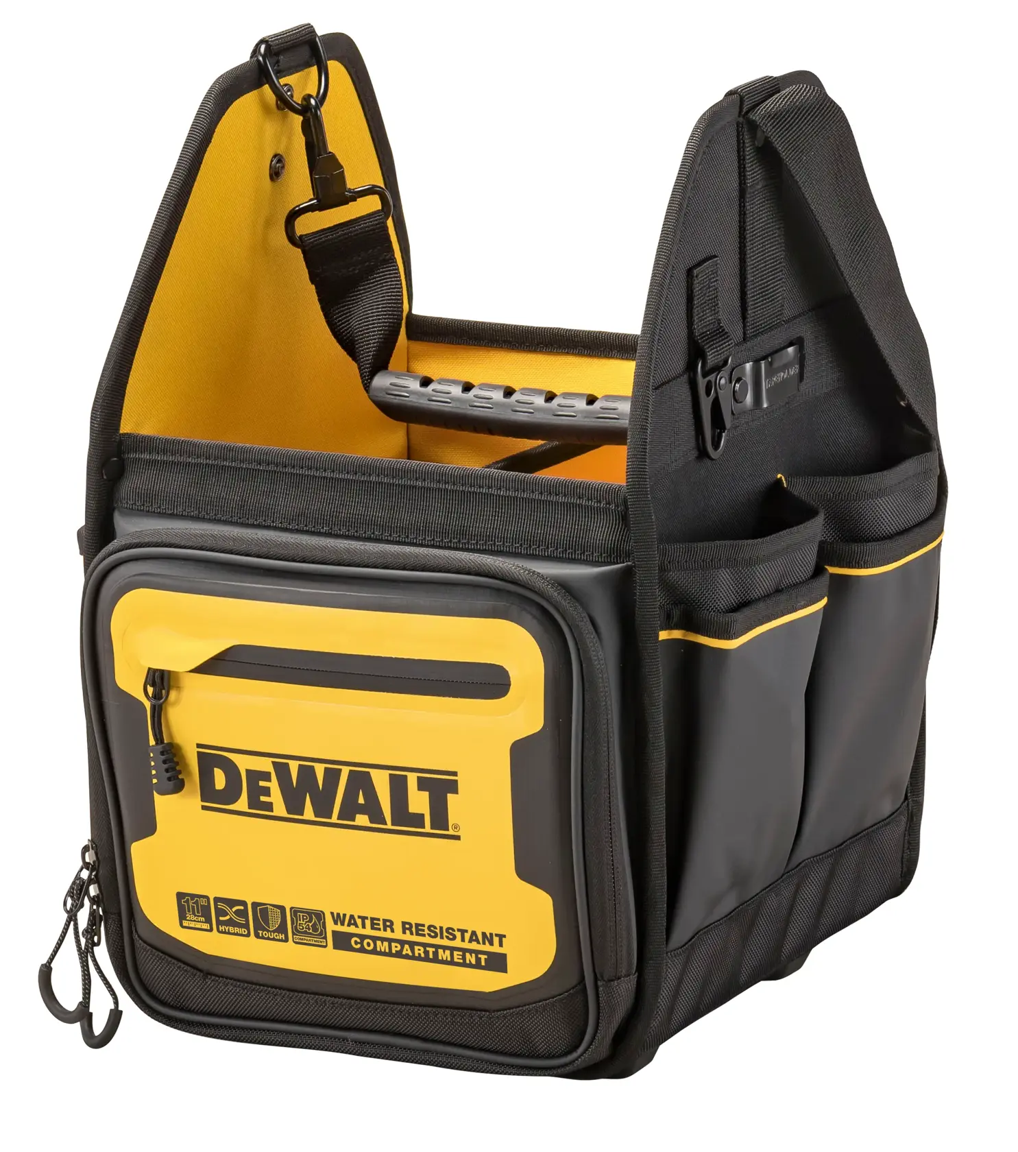 DEWALT svart og gul verktøybag med vannbestandig rom, flere utvendige lommer og et robust håndtak.