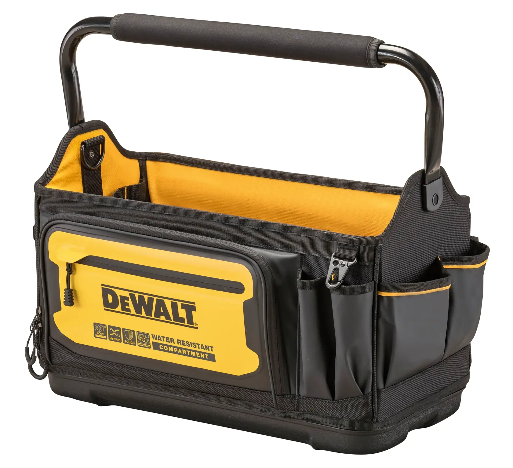 DEWALT verktøyveske med åpen topp, design i svart og gult, solid metallhåndtak med polstret grep, flere ytre lommer og et vannavstøtende rom.