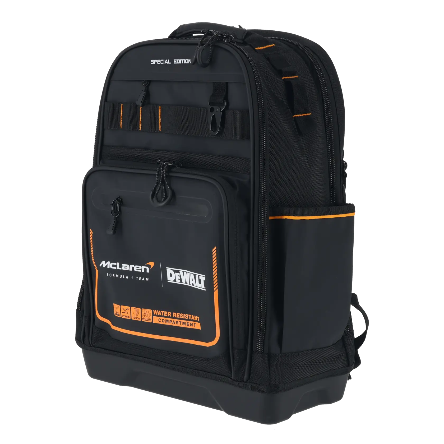 Black DEWALT McLaren Formula 1 Team backpack with orange accents and multiple compartments.