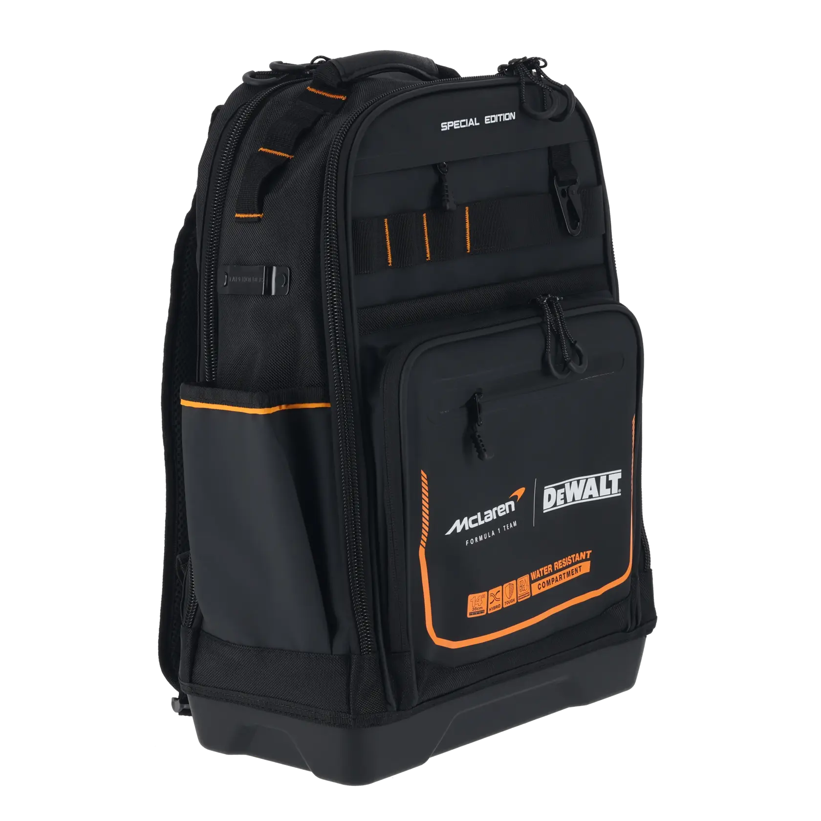 Black DEWALT McLaren backpack with orange accents, multiple compartments, and front water-resistant pocket.