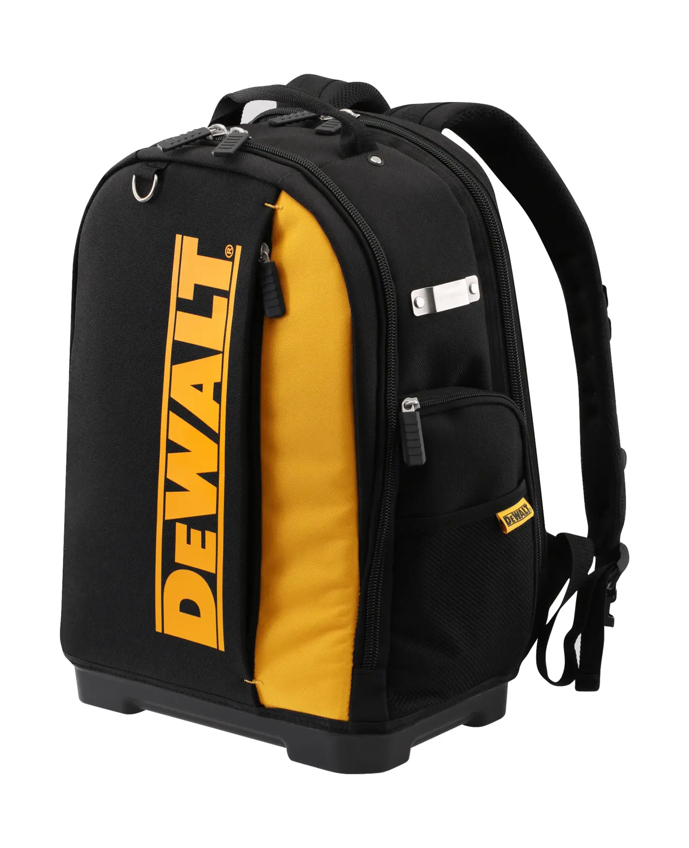 Zaino porta attrezzi DEWALT nero e giallo con scomparti e cinghie.