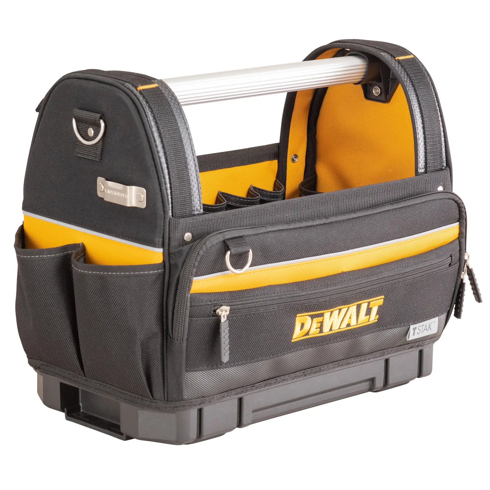 DEWALT TSTAK tool bag with multiple pockets, reinforced handle, and yellow-black design for organizing tools.