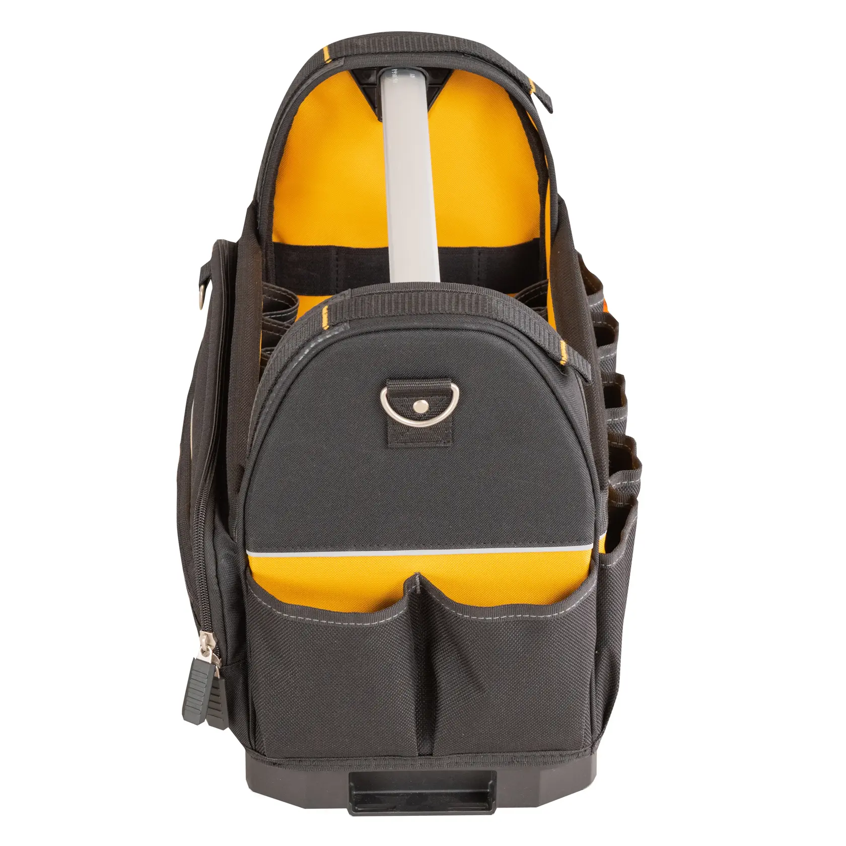 Black and yellow DEWALT tool bag with multiple pockets, sturdy handle, and organized compartments.