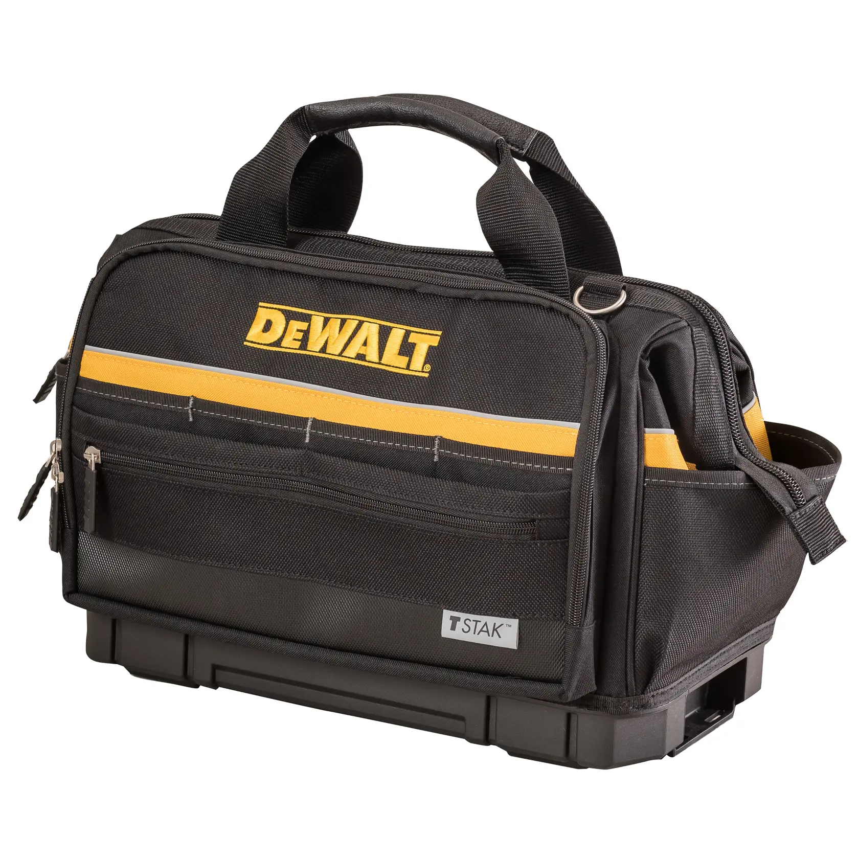 DEWALT black tool bag with handles, yellow stripe, zippered pockets, TSTAK base.