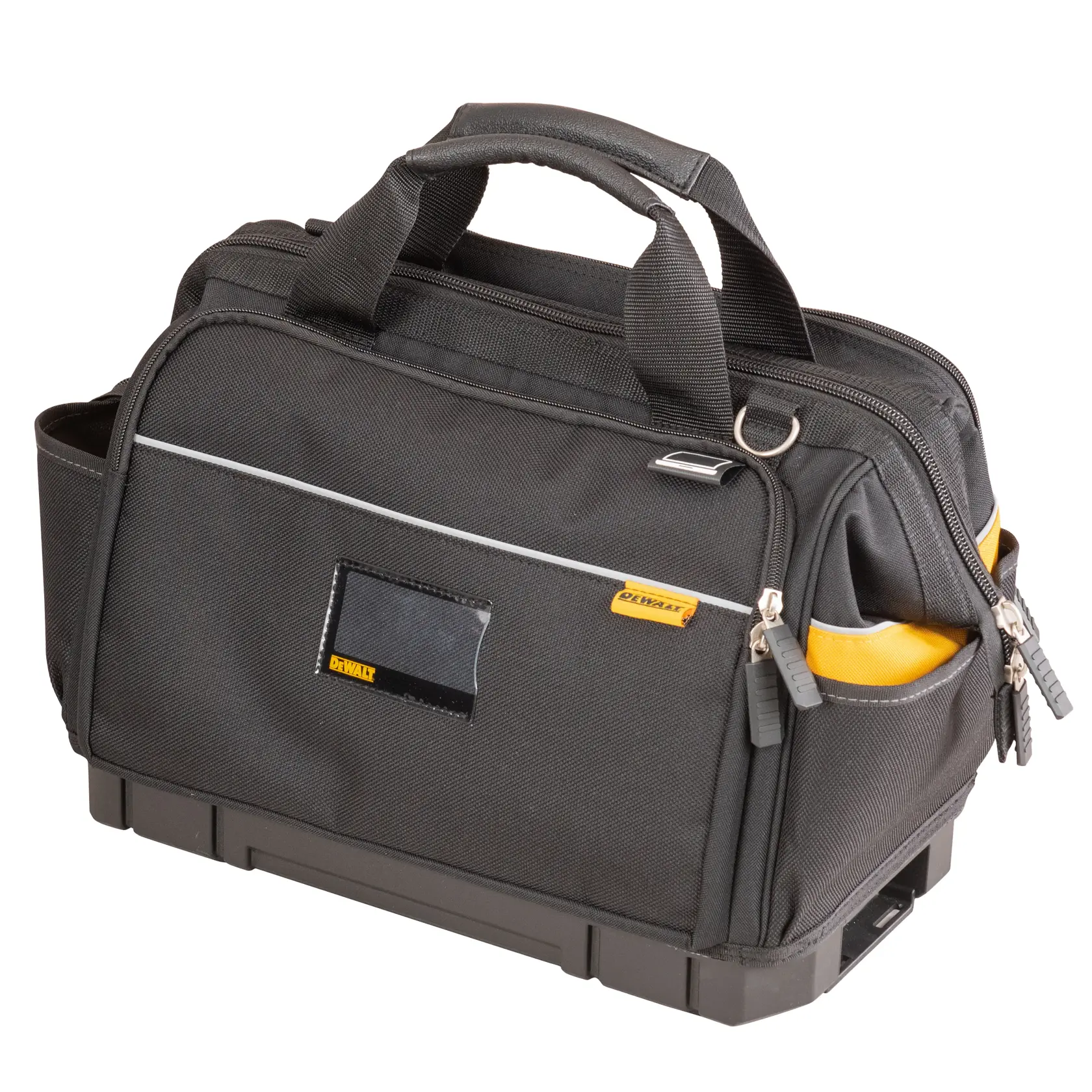 Black DEWALT tool bag with zippers, side pockets, top handles, and reinforced base, designed for carrying tools.