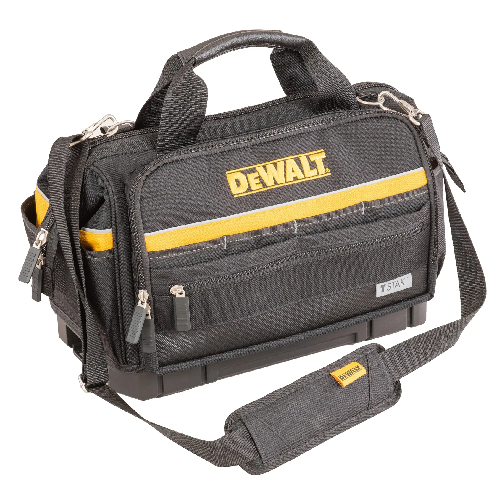 Black DEWALT tool bag with yellow accents, shoulder strap, zippered pockets, and handle.