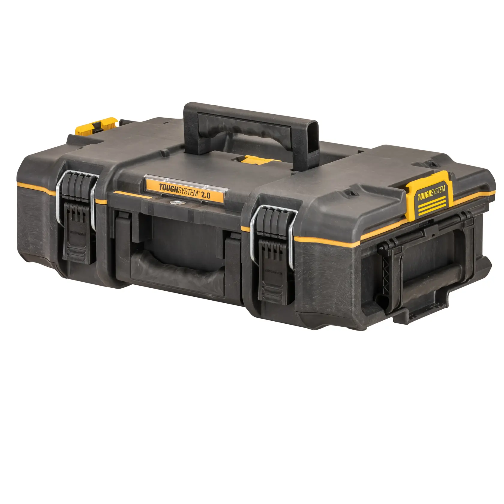 Caja de herramientas negra DEWALT ToughSystem 2.0 con asa y cierres para almacenar herramientas.