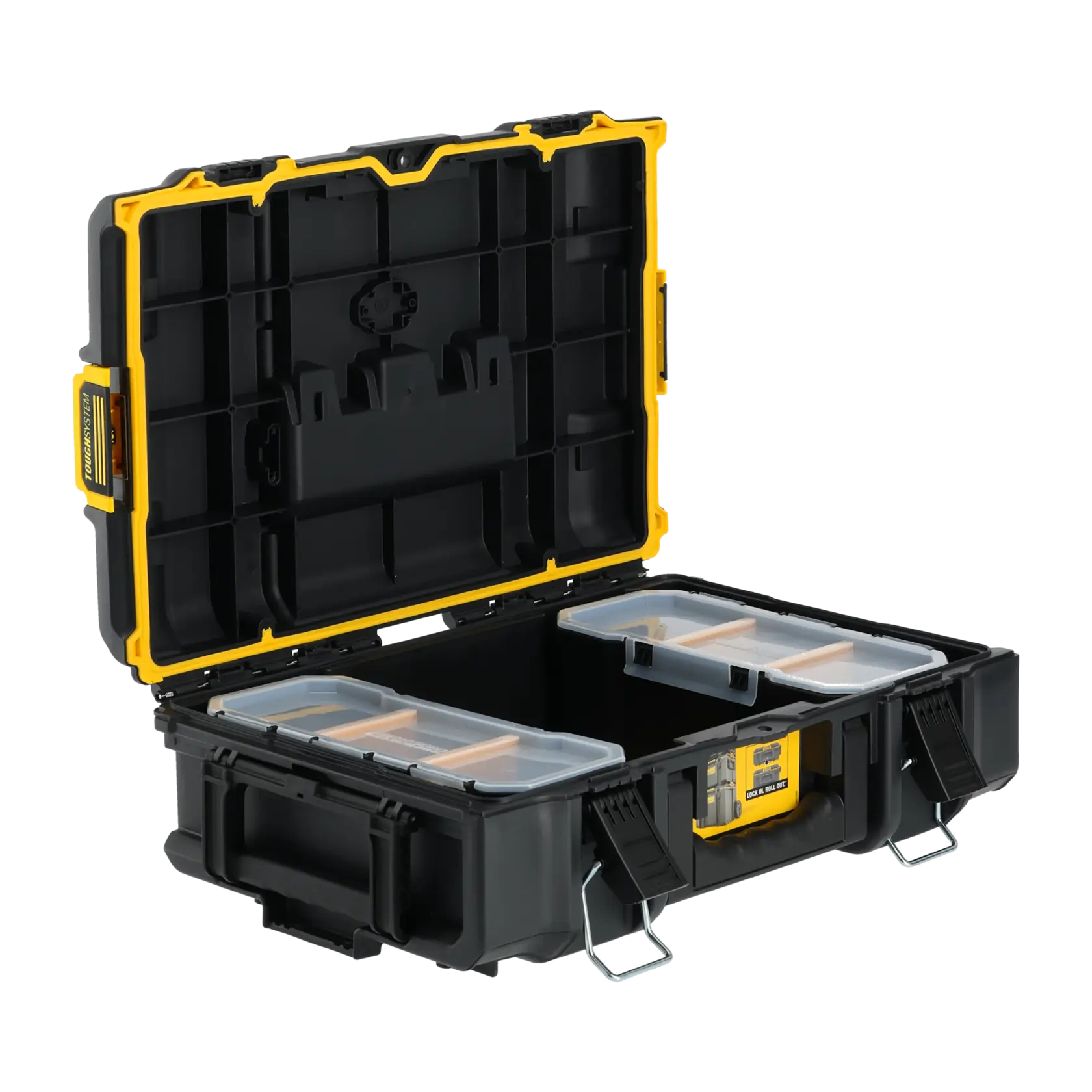 Caja de herramientas DEWALT negra y amarilla abierta con compartimentos y tapas transparentes.